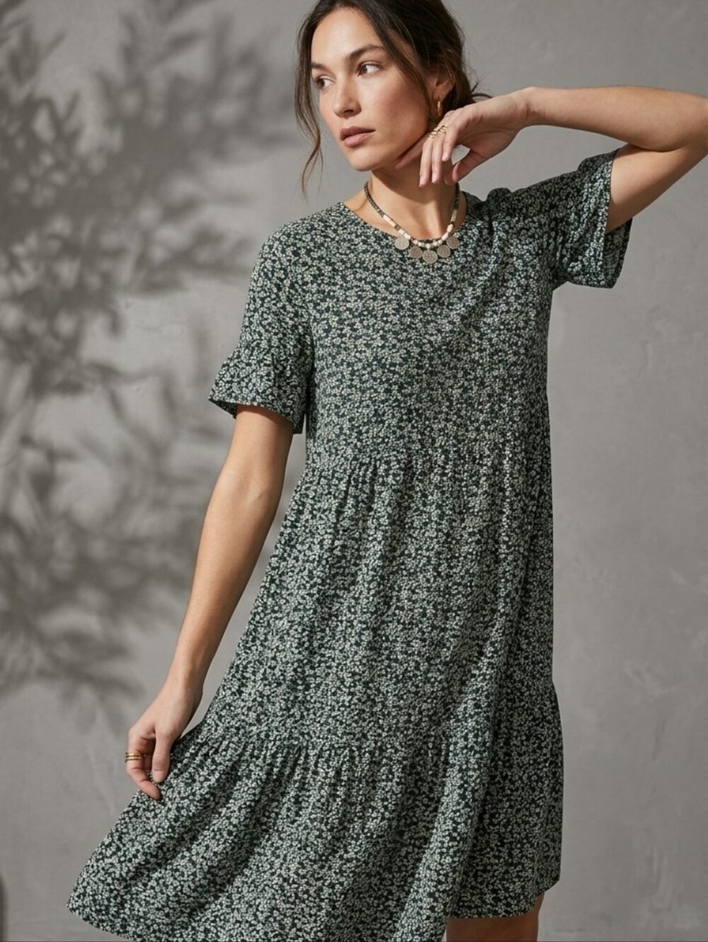 SHEIN Hunter Green Ditsy Floral Babydoll Swing Mini Dress Cottagecore Boho Med